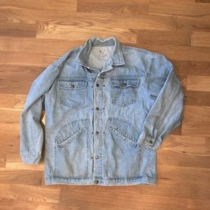 Bugle Boy Jacket L Large Blue Cotton Denim Mens Trench Coat Style VTG LIGHT WASH